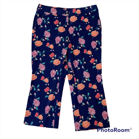 Chico's Pants - Chico’s Navy with Pink Orange Floral Ankle Cropped Pants Stretch Womens Size 12